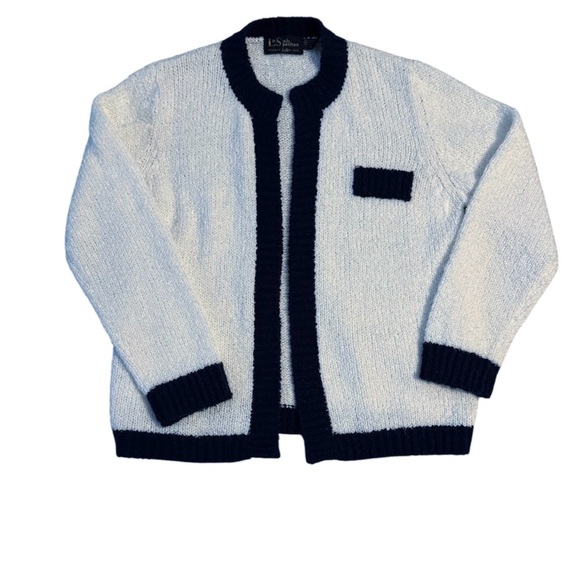 Vintage Le Sah Petites Ivory & Blue Open Front Cardigan Size M - Picture 2 of 5